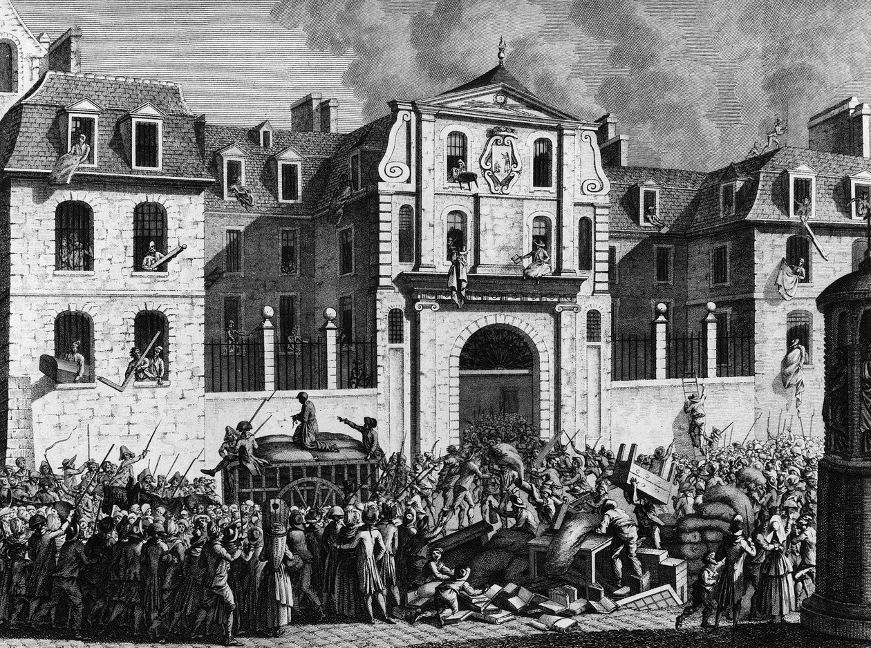 Revolução Francesa: Pilhagem da casa Saint Lazare em Paris, na segunda-feira 13 de Julho de 1789, pelos revolucionários. Gravura de Berthaut depois de Prior. Paris, Biblioteca do Instituto de História da Revolução de Jean Louis II (after) Prieur