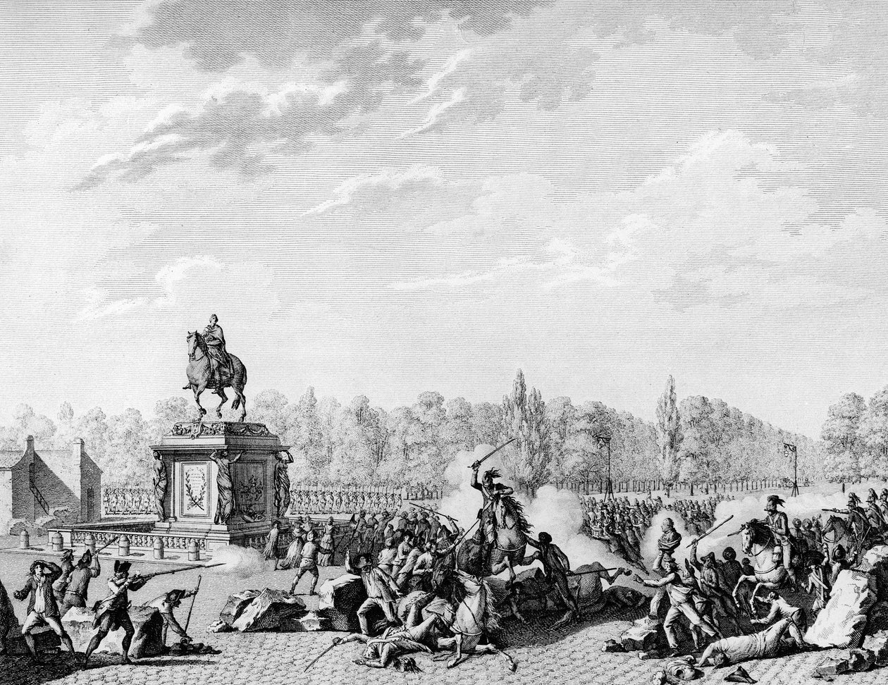 Revolução Francesa: Lugar Luís XV, os dragões de Charles Eugene de Lorraine, Príncipe de Lambesc (1754-1825) carregaram um cortejo carregando os bustos de Jacques Necker (1732-1804) e o Duque de Orleans a 12 de Julho de 1789. Gravado por Berthaut depois de de Jean Louis II (after) Prieur