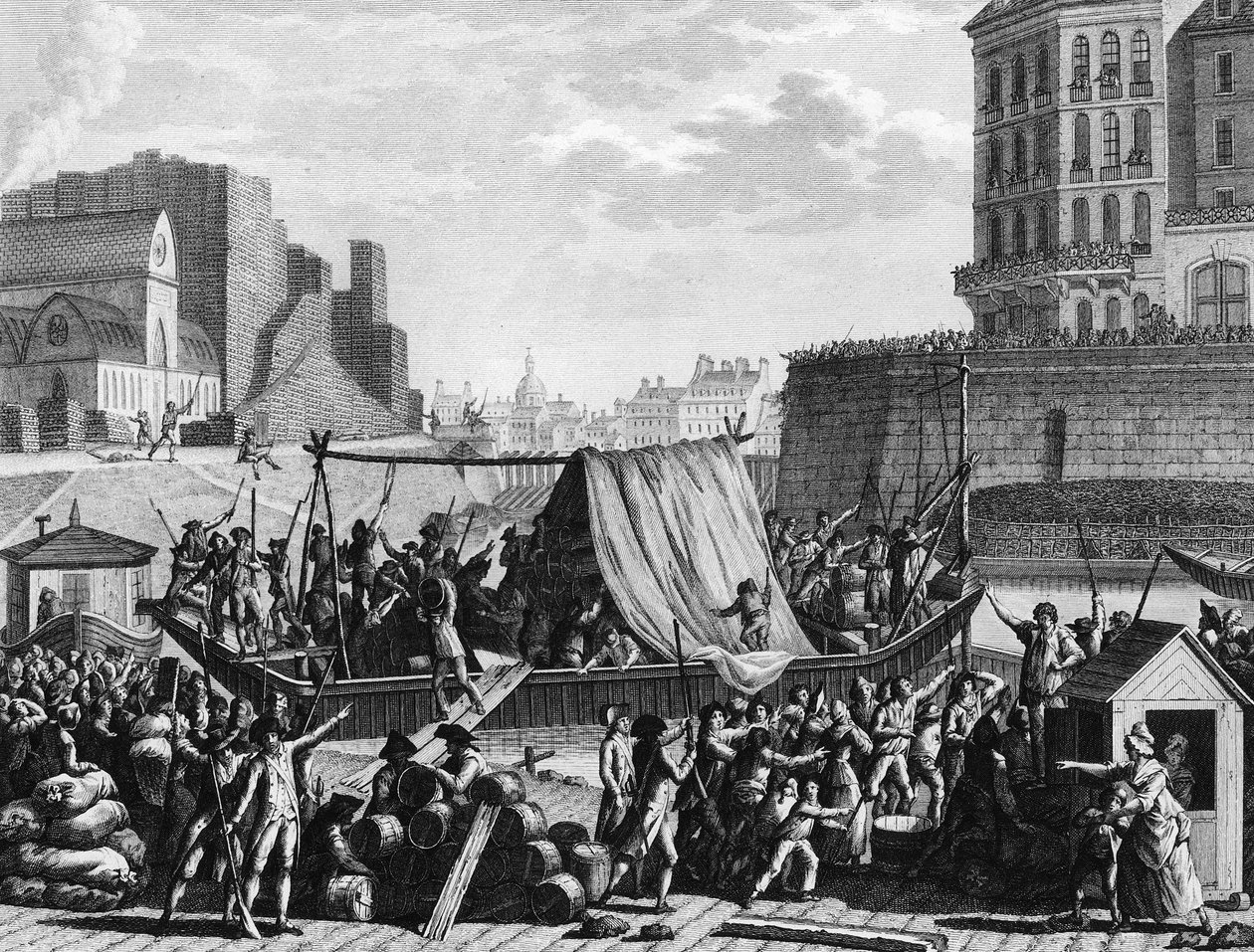 Revolução Francesa: Barco em pó pára no porto de Saint Paul em 6 de Agosto de Jean Louis II (after) Prieur