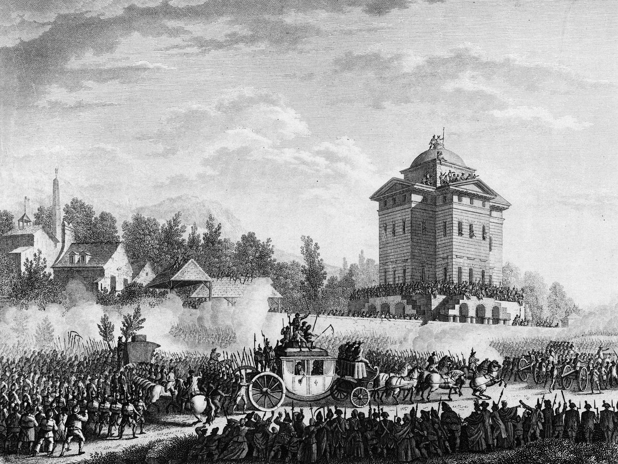 Revolução Francesa: Regresso da Família Real após a prisão em Varennes a 20 e 21 de Junho de 1791: O Rei Luís XVI e Maria Antonieta foram devolvidos a Paris a 25 de Junho de 1791. Gravura depois de um desenho de Prior. Paris, Biblioteca do Instituto de His de Jean Louis II (after) Prieur