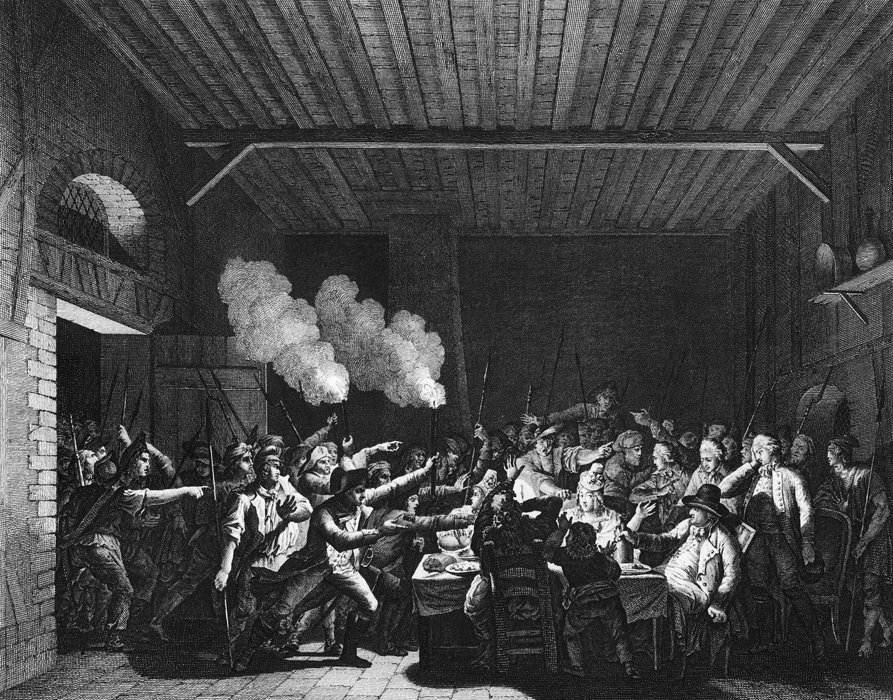 Revolução Francesa: Os Patriotas de Varennes entram na mercearia e reconhecem o Rei Luís XVI (1754-1793) em voo de Jean Louis II (after) Prieur