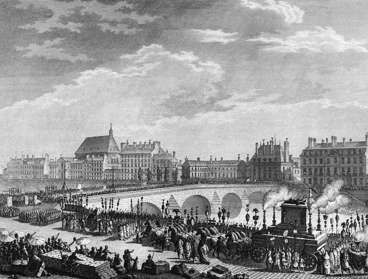 Revolução Francesa: Triunfo de François Marie Arouet dit Voltaire (1694-1778) a 11 de Julho de 1791 (o tanque funebre dos restos mortais de Voltaire tem a sua passagem na Ponte Real). Gravura de Berthaut depois de Prior. Paris, Biblioteca do Instituto de H de Jean Louis II (after) Prieur