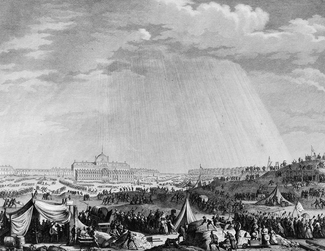 Revolução Francesa: Obras dos Champs de Mars em Paris para a festa da Federação em 14 de julho de Jean Louis II (after) Prieur