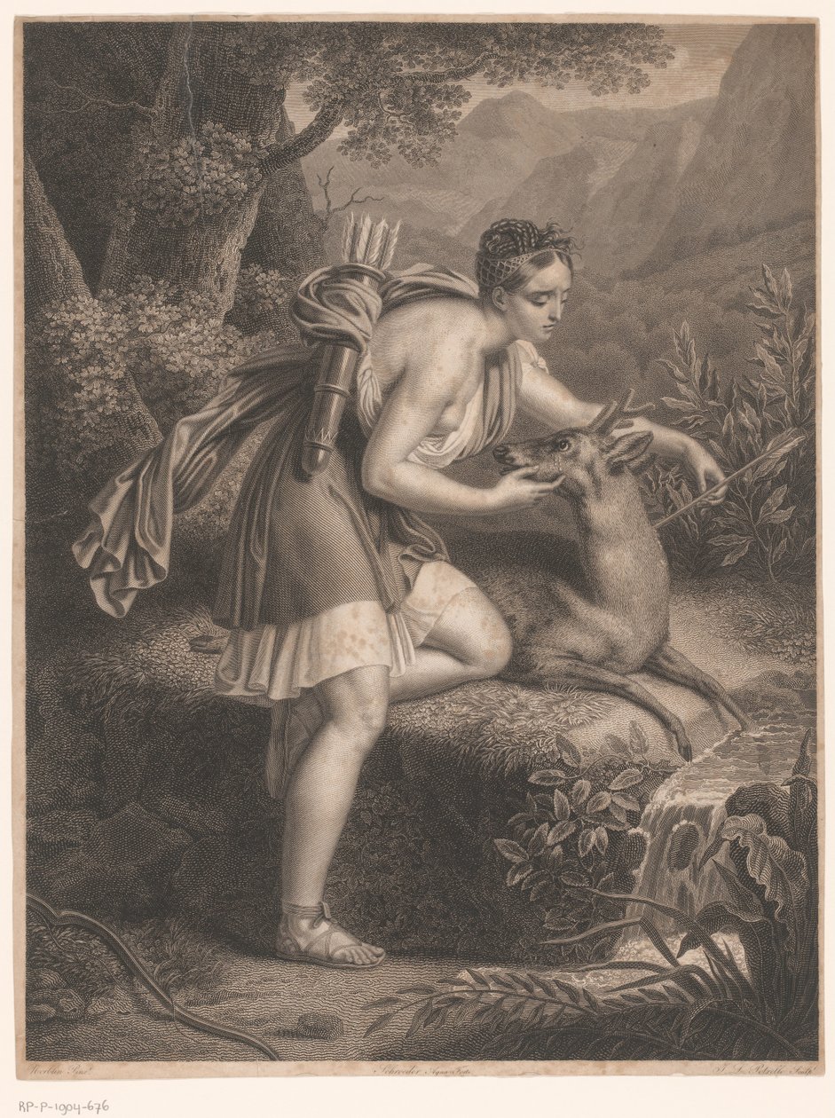 A ninfa de Diana tira uma flecha do pescoço de um cervo La Nymphe de Diane (título no objeto) de Jean Louis Potrelle