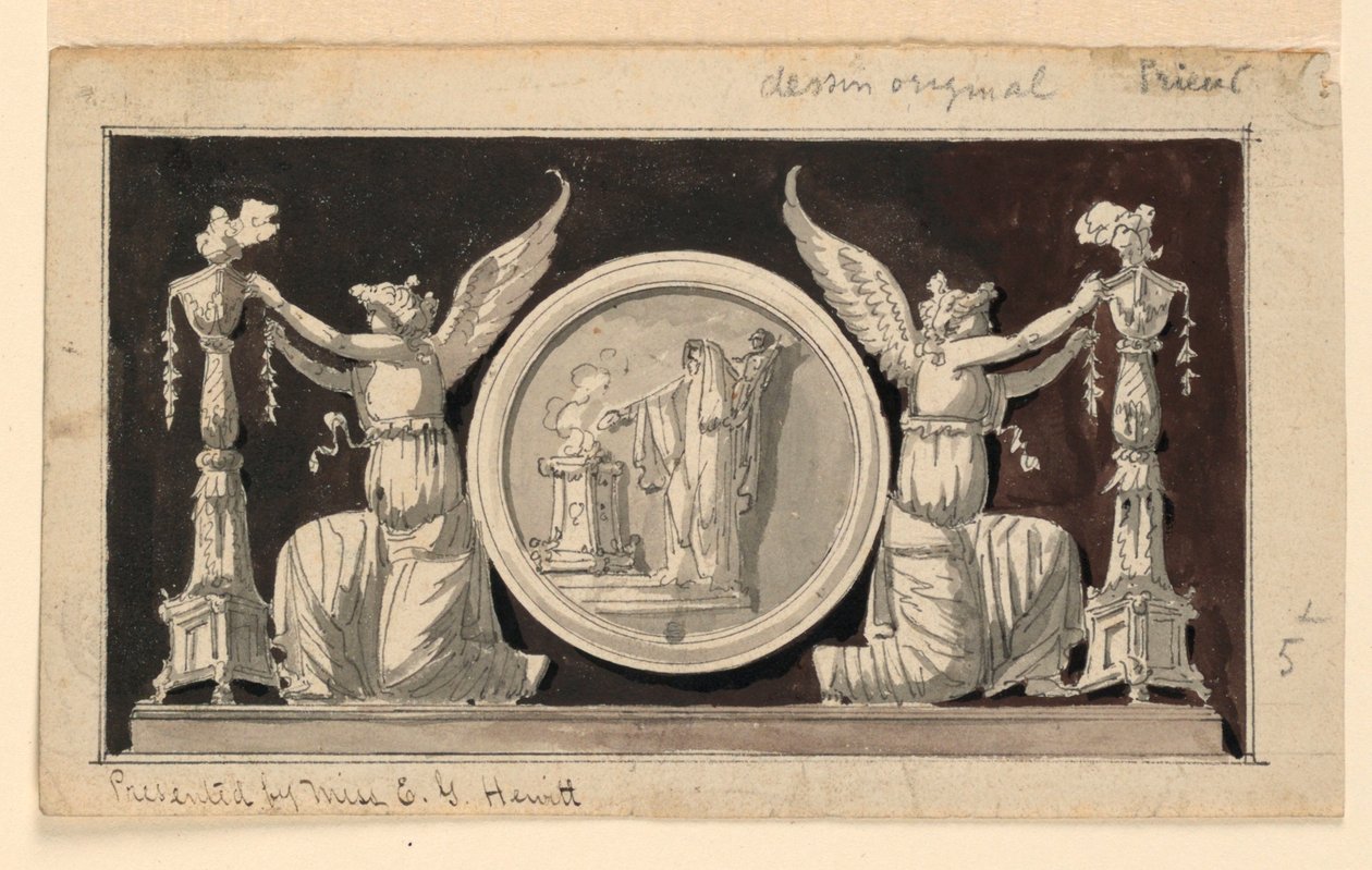 Painel Decorativo: Medalhão com Cena de Sacrifício entre Duas Vitórias Adornando Candelabros de Jean Louis Prieur the Younger