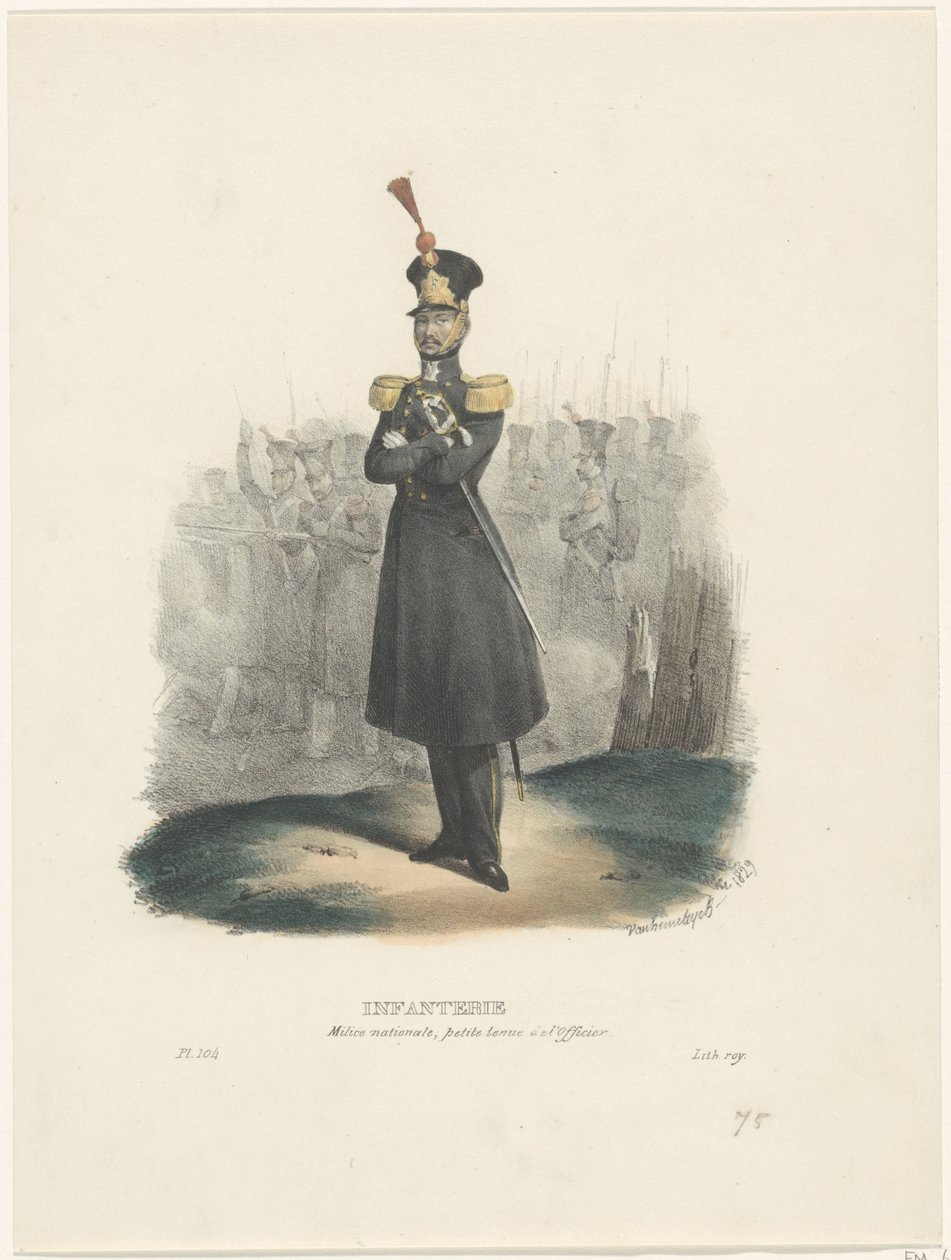 Oficial da Milícia Nacional, 1829 Infantaria / Milícia Nacional, Undress do oficial (título no objeto) Trajes belgas: antigos e modernos, militares, civis e religiosos, 1830 (título da série) de Jean Louis Van Hemelryck