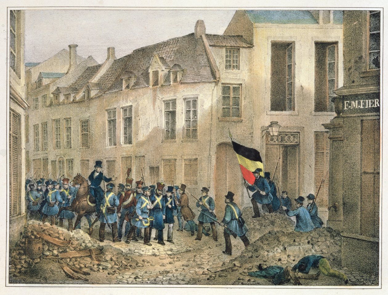 A Rue de Louvain, Bruxelas, 23 de setembro de 1830, gravado por AM Jobard (fl.1820-30) de Jean Louis Van Hemelryck