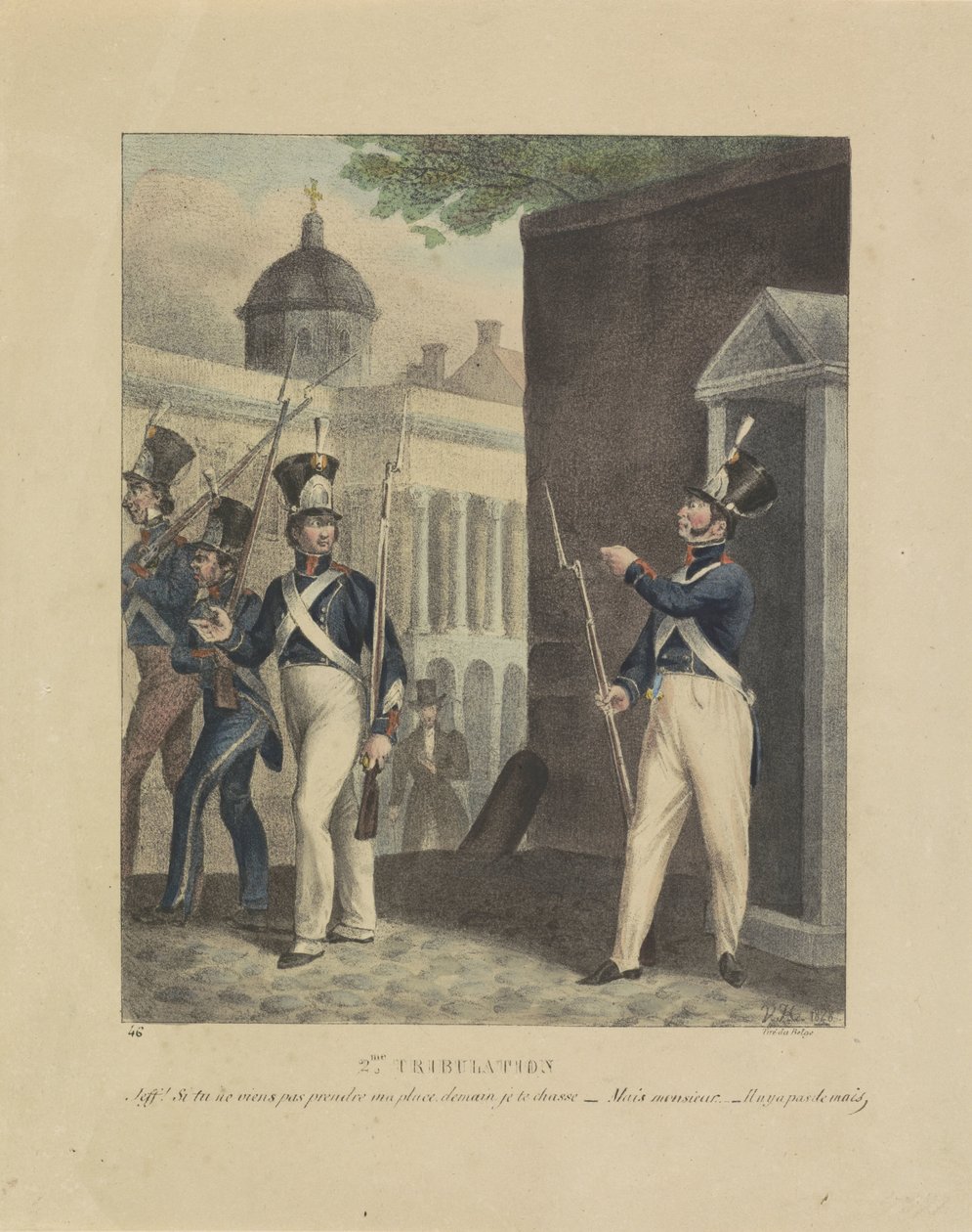 Segunda tribulação, 1828
2me Tribulação. Jeff! si tu ne viens pas prendre ma place, demain je te chasse - Mais monsieur - Il n y a pas de mais (título sobre o objecto)
Cartoons on the imbalances within the Belgian Rifles, 1828 (título da série) de Jean Louis Van Hemelryck