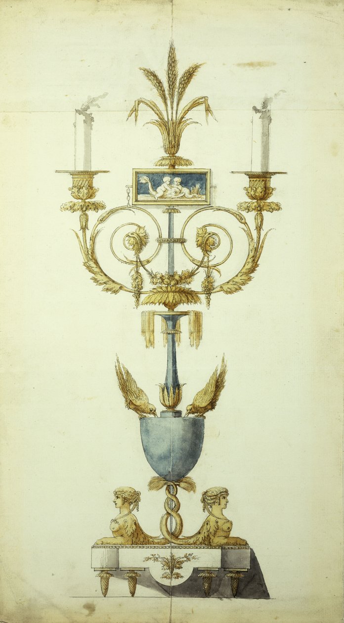 Design para um candelabro de bronze dourado e esmalte (caneta e tinta com w - c no papel) de Jean Louis the Younger Prieur