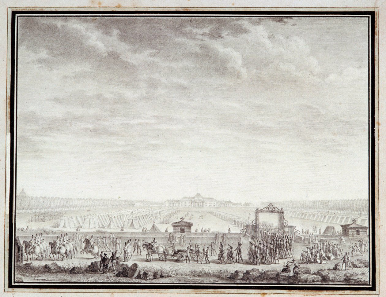 Revolução Francesa: "Les troupes du Champ-de-Mars partindo para a Praça Luís XV: 12 juillet 1789" Desenho a tinta e lavagem por Jean-Louis Prieur (1759-1795) Século XVIII. Dim. 0,17x0,23 m. Paris, Musee Carnavalet de Jean Louis the Younger Prieur