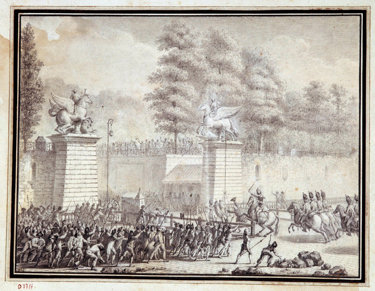 Revolução Francesa: "Monsieur de Lambesc entra nas Tuileries com um destacamento do Regimento Real Alemão em 12 de Julho de 1789" Desenho a tinta e lavagem por Jean-Louis Prieur (1759-1795) de Jean Louis the Younger Prieur