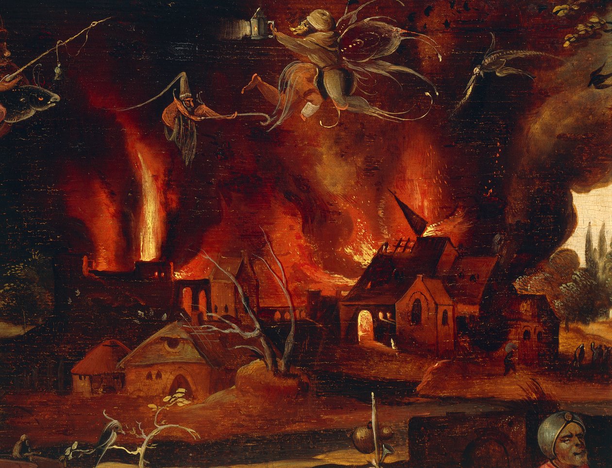 A tentação de Santo António, detalhe mostrando a cidade em chamas e demónios, por Jan Mandyn (1500-1560). de Jean Mandyn
