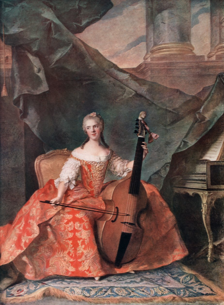 Madame Henriette de France em traje da corte que joga Bass Viol, 1754. de Jean Marc Nattier