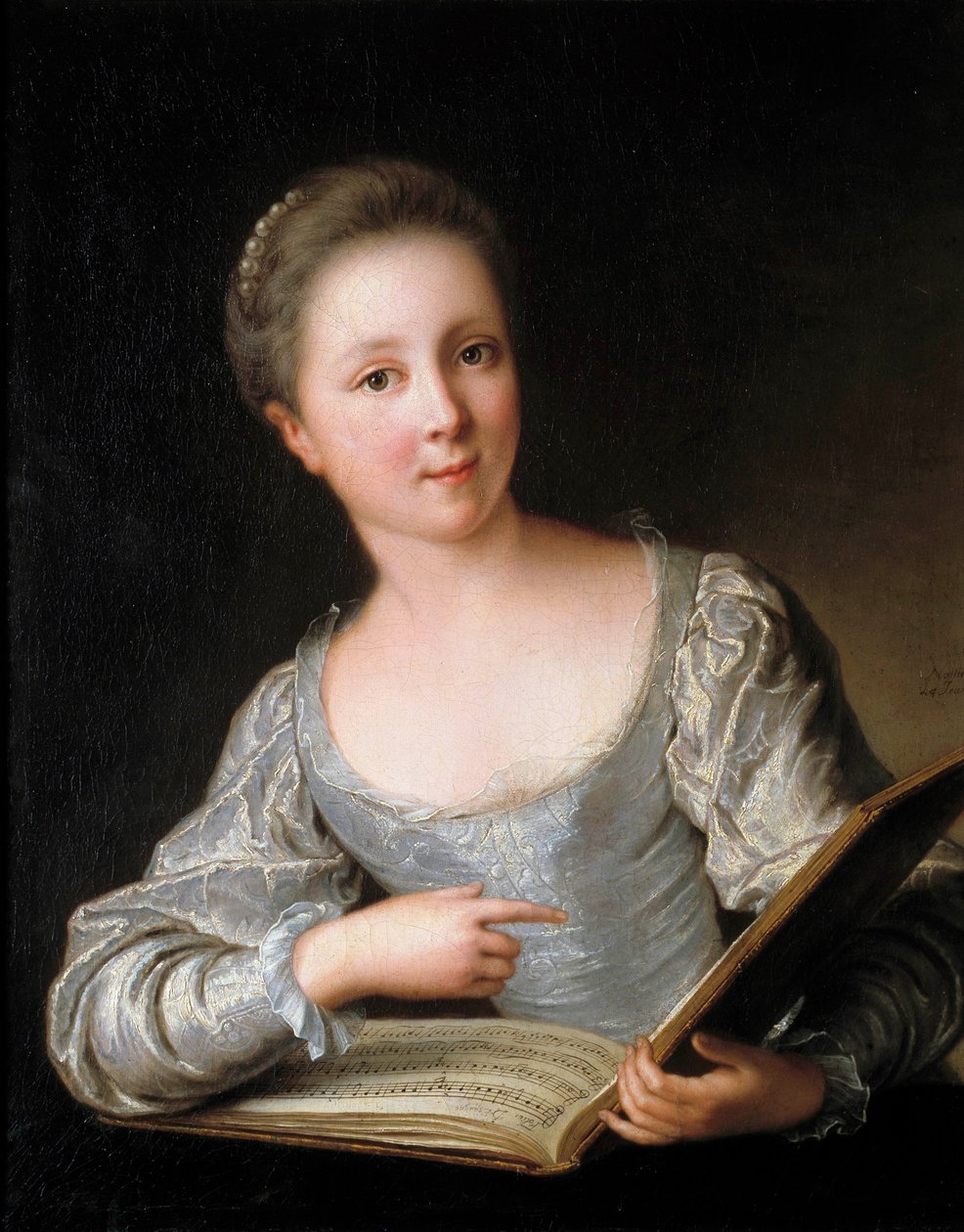 Retrato de uma jovem mulher A jovem lê uma partitura - Pintura de Jean Marc (Jean-Marc) Nattier (1685-1766) 1719 Dim 0,74 x 0,60 m de Jean Marc Nattier