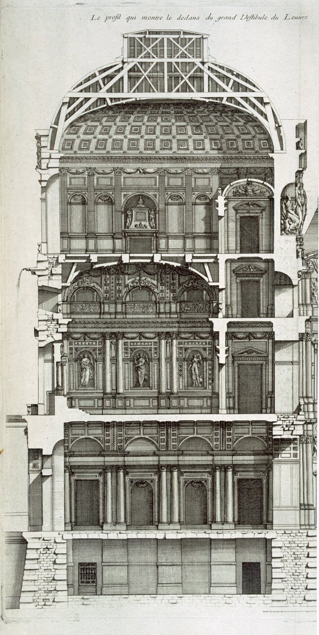 Cutaway mostrando o salão principal do Louvre, de &39;L&39;architecture francoise, ou Recueil des plans etc&39;, vI-V, 1727-28 de Jean Mariette