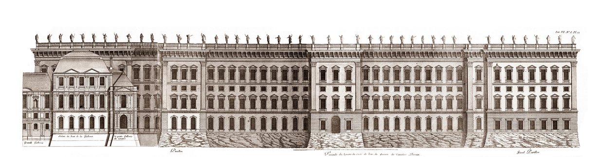 O Louvre em Paris, projeto de Gian Lorenzo Bernini: elevação da fachada principal voltada para o Sena - De "Architecture francoise" de Jacques-Francois Blondel - elevação da fachada principal do Sena - projeto de Bernin - gravura de Jean Marot de Jean Marot