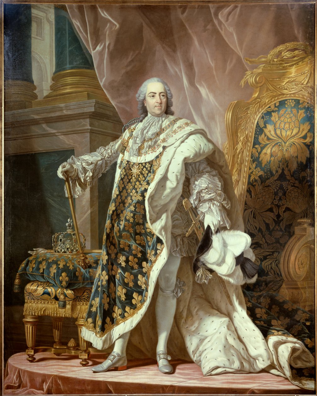 Retrato no pé de Luís XV (1710-1774) em traje sagrado, Rei de França. Pintura de Jean Martial Fredou (1710-1774) depois de Louis Michel van Loo (1707-1771) 1761 Dim. 2,77x1,95 m - Retrato de Luís XV (1710-1774), Rei de França, em coronati de Jean Martial Frédou