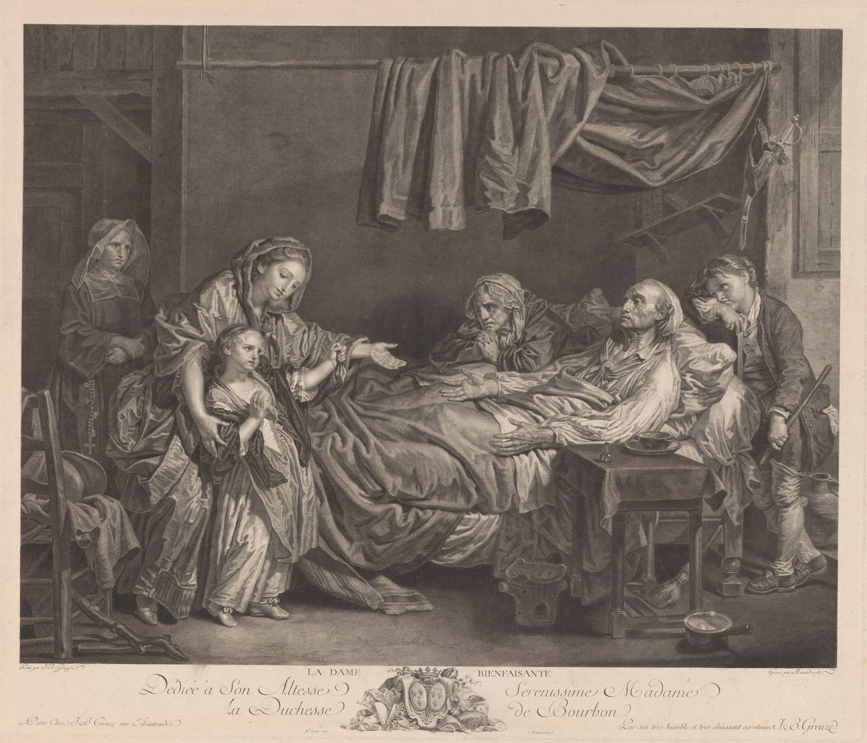 Família em torno de uma cama doente La Dame Bienfaisante (título no objeto) de Jean Massard