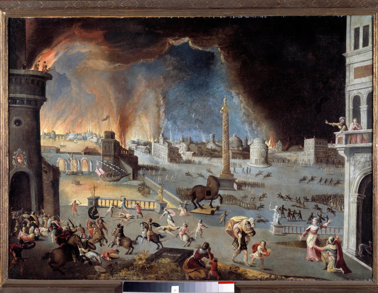 A captura da Cena de Tróia da Guerra de Tróia, a cidade é devorada pelos gregos que penetram na cidade graças ao cavalo. Pintura de Jean Maublanc (1582-1628). Século XVII. Besancon, musee des Beaux Arts - A queda de Tróia - Cena da Cena de Tróia W de Jean Maublanc