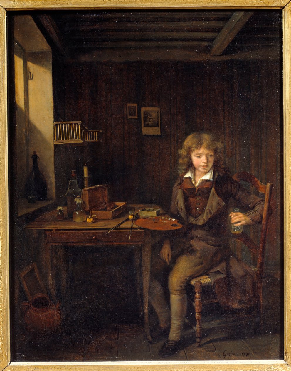 Um jovem estudante preparando as cores de seu mestre Pintura de Jean Michel Grobon (1770-1853) Século XIX Lyon, Musee des Beaux Arts de Jean Michel Grobon