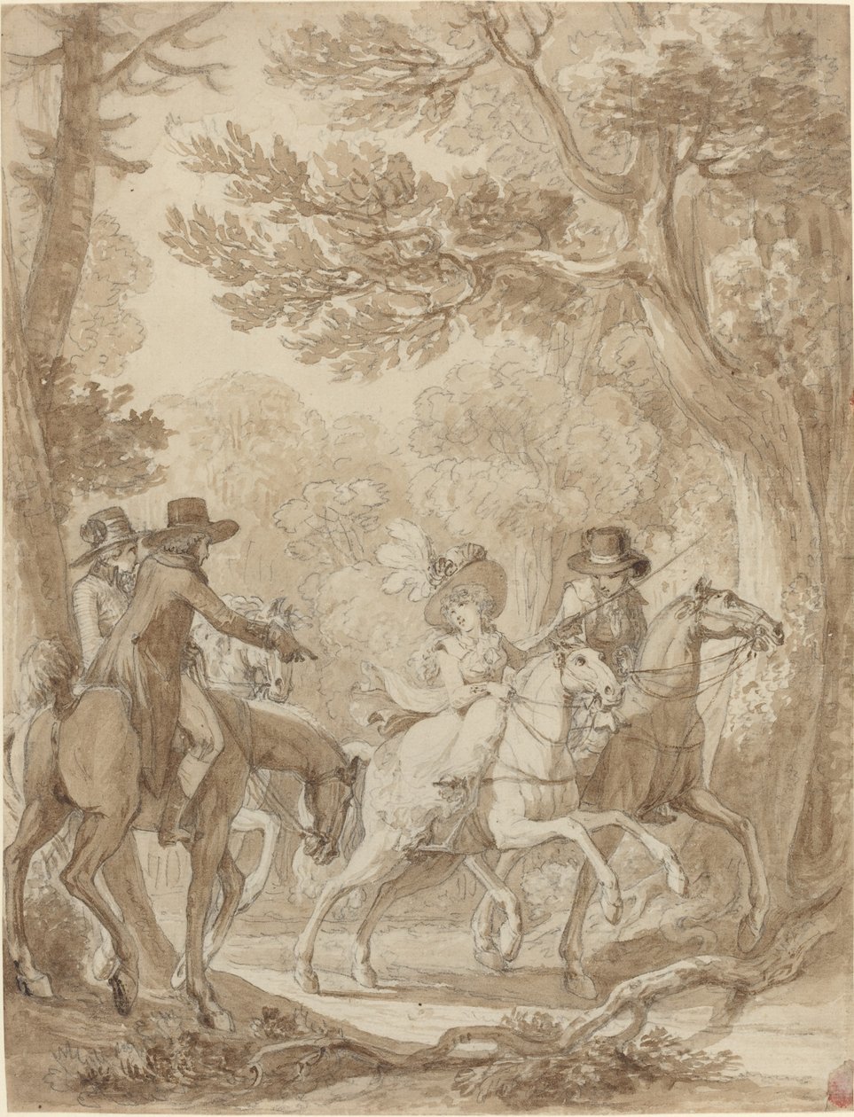 Senhora e senhores cavalgando em um parque de Jean Michel Moreau