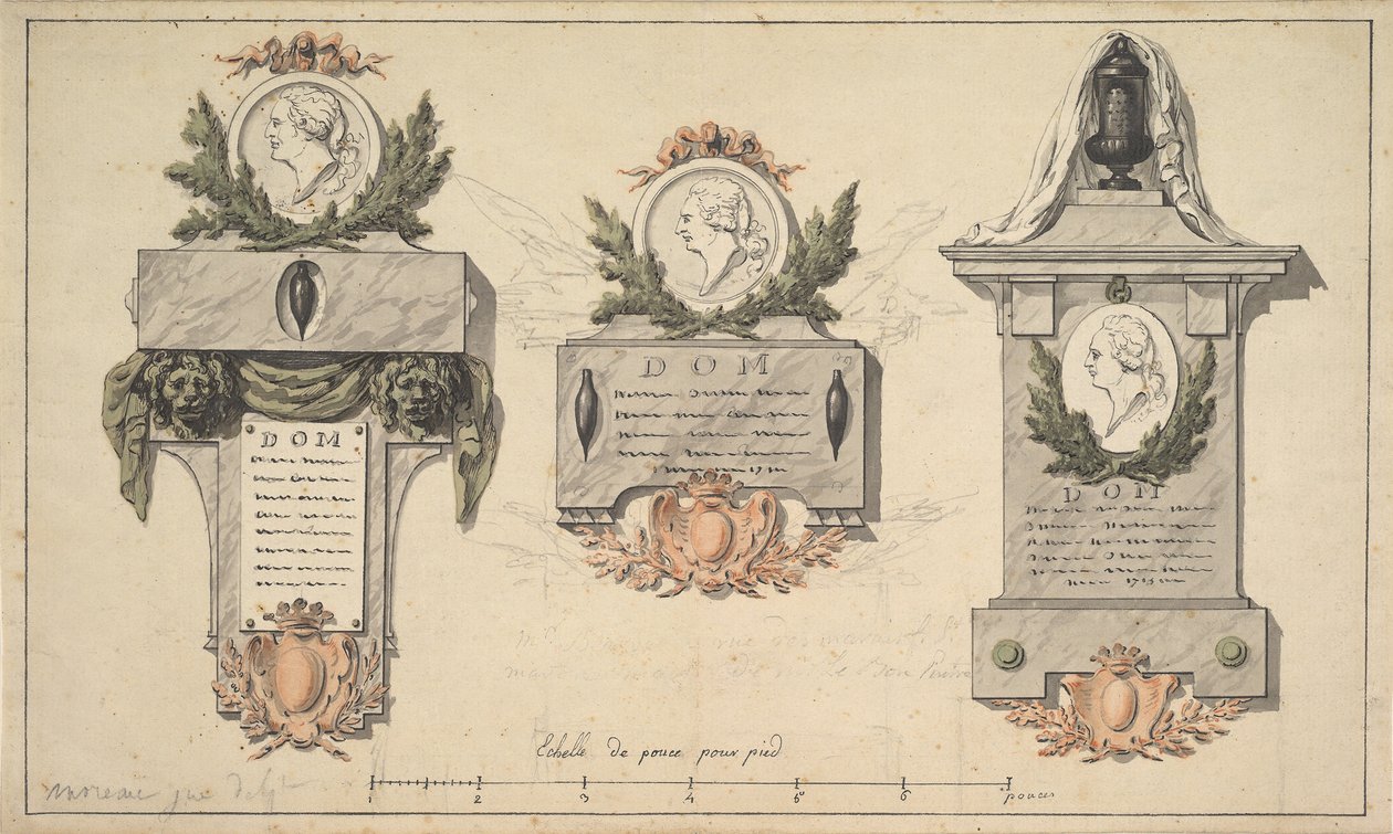 Três Desenhos para um Monumento Funerário ou Epitáfio, ca. 1770-90. de Jean Michel Moreau