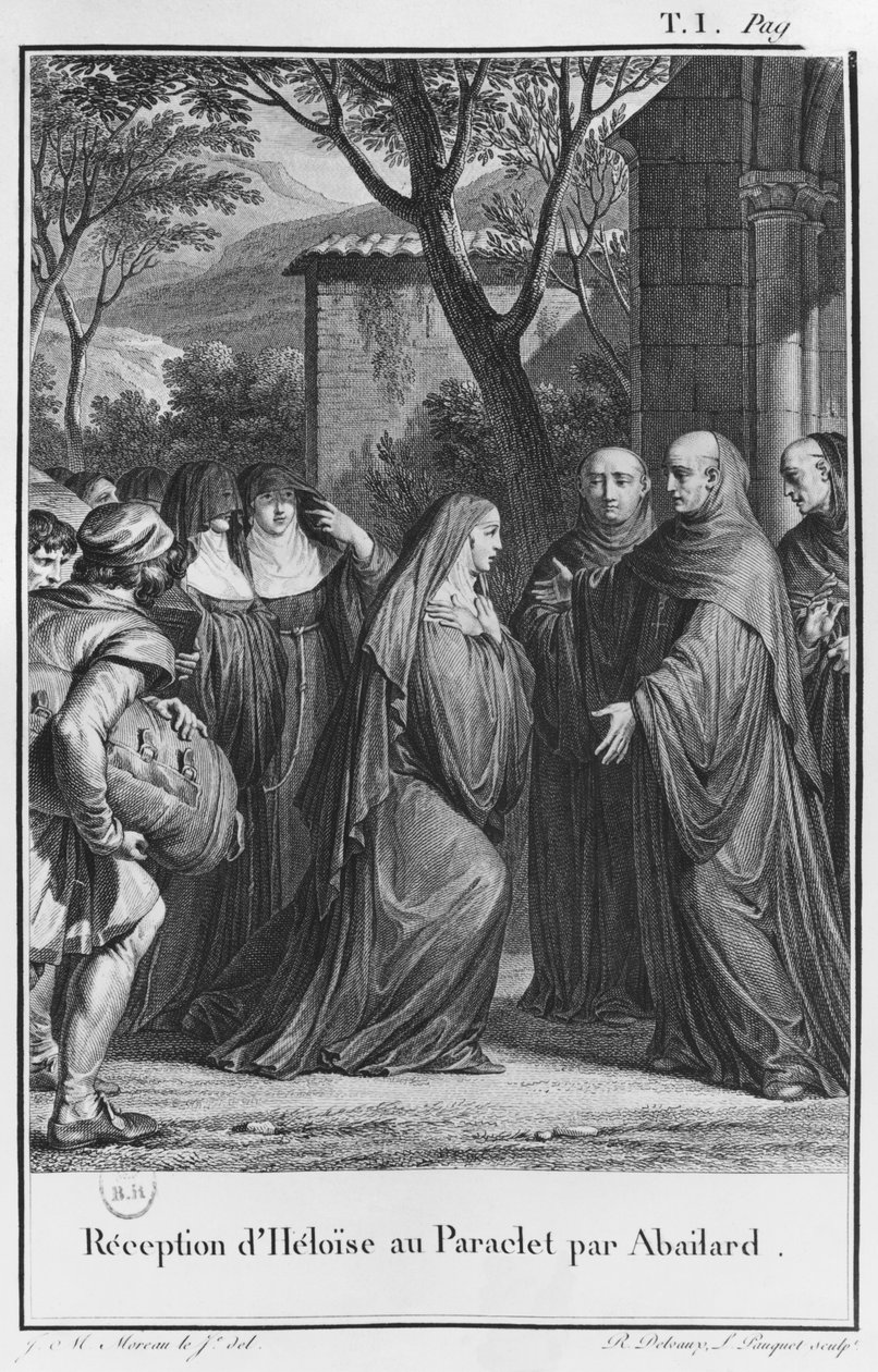 Abelardo dando as boas-vindas a Heloise em Paraclete, ilustração de Lettres d&39;Heloise e d&39;Abelard, volume I, 1795 de Jean Michel the Younger Moreau