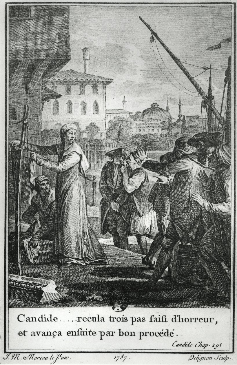 Cândido ... recuou três degraus, tomado de horror, e depois prosseguiu com um bom processo, ilustração do capítulo 29 de Cândido, de François Voltaire (1694-1778), gravada por Jean Louis Delignon (1755-1804) 1787 de Jean Michel the Younger Moreau