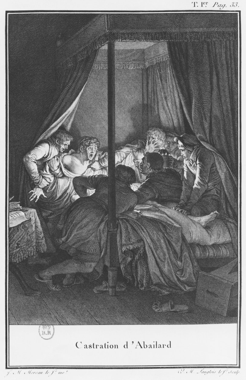 Abelardo castrador, ilustração de "Lettres d&39;Heloise e d&39;Abelard", volume I, p. 33, obra de Vincent Marie Langlois, o Jovem (n.1786) de Jean Michel the Younger Moreau