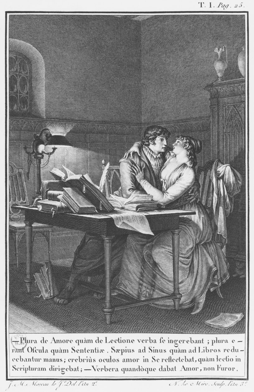 Heloísa e Abelardo no seu estudo, ilustração de "Lettres d&39;Heloise e d&39;Abelard", volume I, página 25, com a inscrição de Noel Le Mire (1724-1800) 1795 de Jean Michel the Younger Moreau