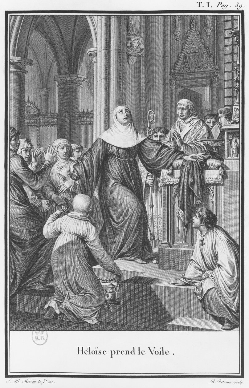 Heloise tomando o véu, ilustração de "Lettres d&39;Heloise e d&39;Abelard", volume I, página 39, gravado por Remi Delvaux (1748-1823) 1795 de Jean Michel the Younger Moreau