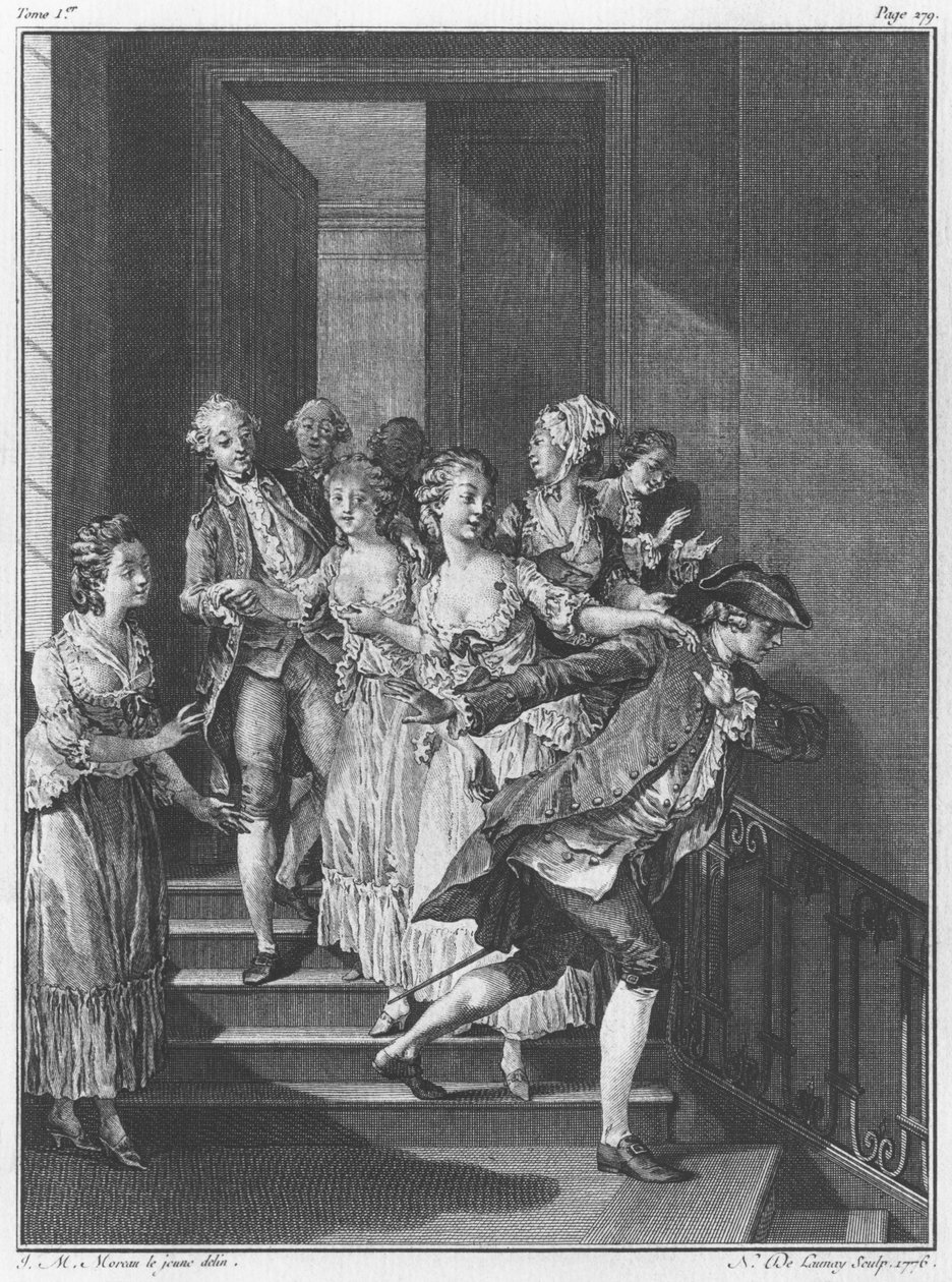 Saint-Preux escapando, volume I, página 279, ilustração de "The New Heloise", de Jean-Jacques Rousseau (1712-1778), gravada por Noel Le Mire (1724-1800) de Jean Michel the Younger Moreau