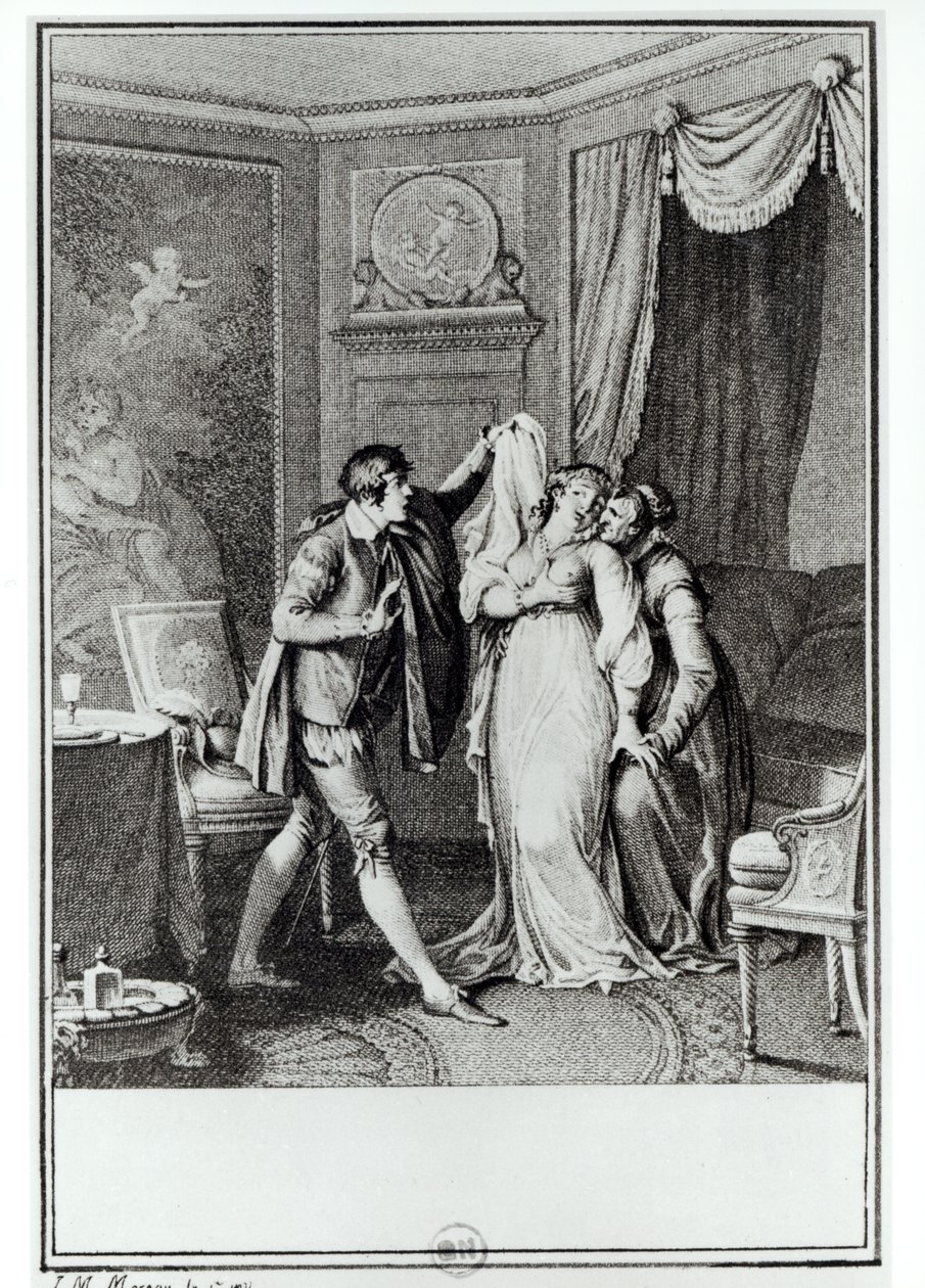 &39;&39; Tire esse véu &39;, disse a velha a Cândido&39;, ilustração do capítulo 7 de &39;Cândido&39; de François Voltaire (1694-1778) 1787 (gravura) (foto bw) de Jean Michel the Younger Moreau