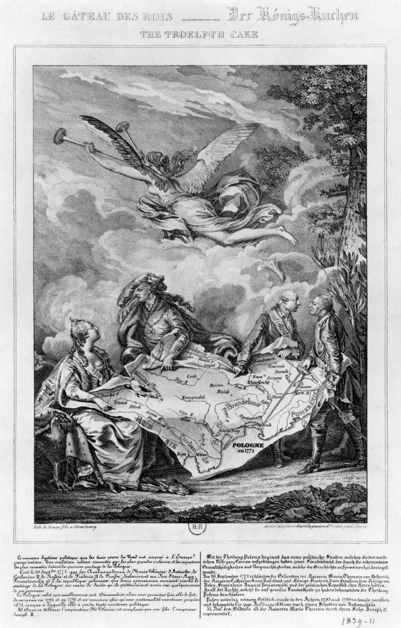 The Troelfth Cake, primeira partição da Polônia em 26 de setembro de 1772, gravada por Noel Le Mire (1724-1800) (lito) (foto bw) de Jean Michel the Younger Moreau