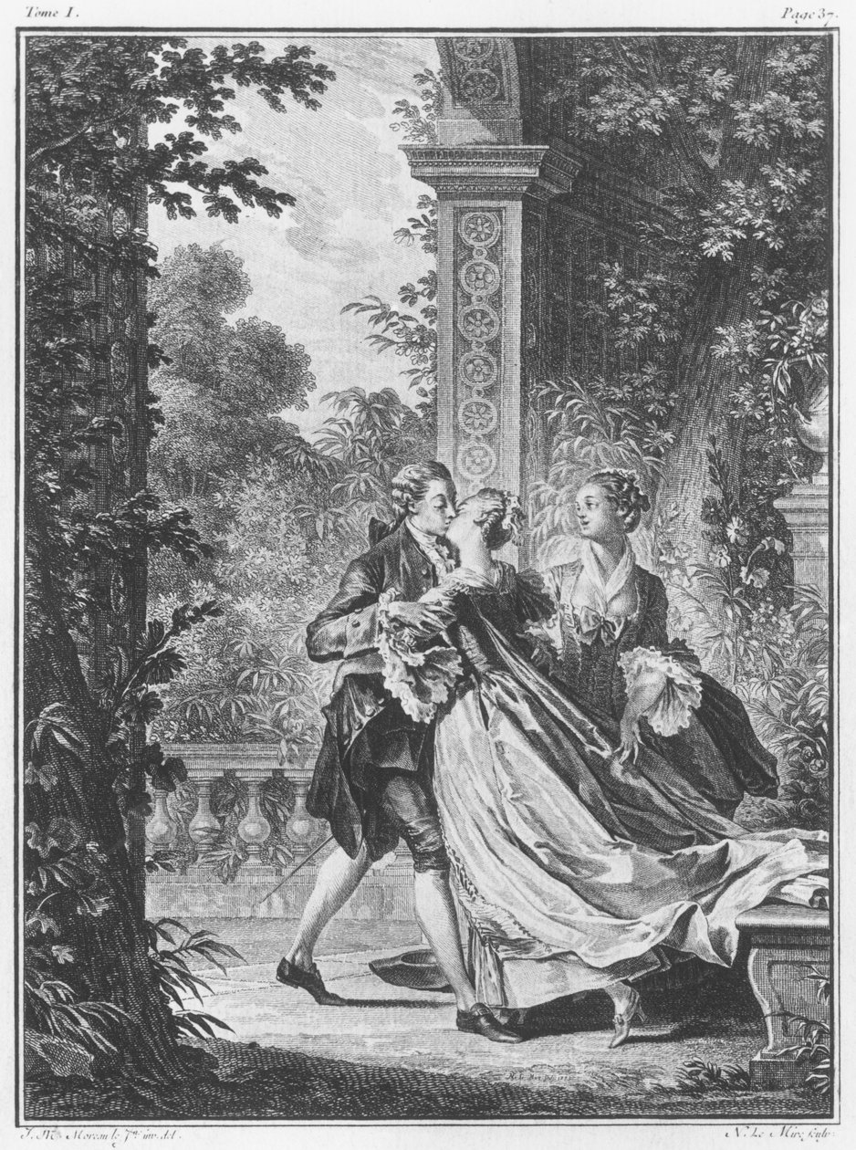 O primeiro beijo do amor, volume I, página 37, ilustração de &39;La Nouvelle Heloise&39; de Jean-Jacques Rousseau (1712-1778) gravada por Noel Le Mire (1724-1800) de Jean Michel the Younger Moreau