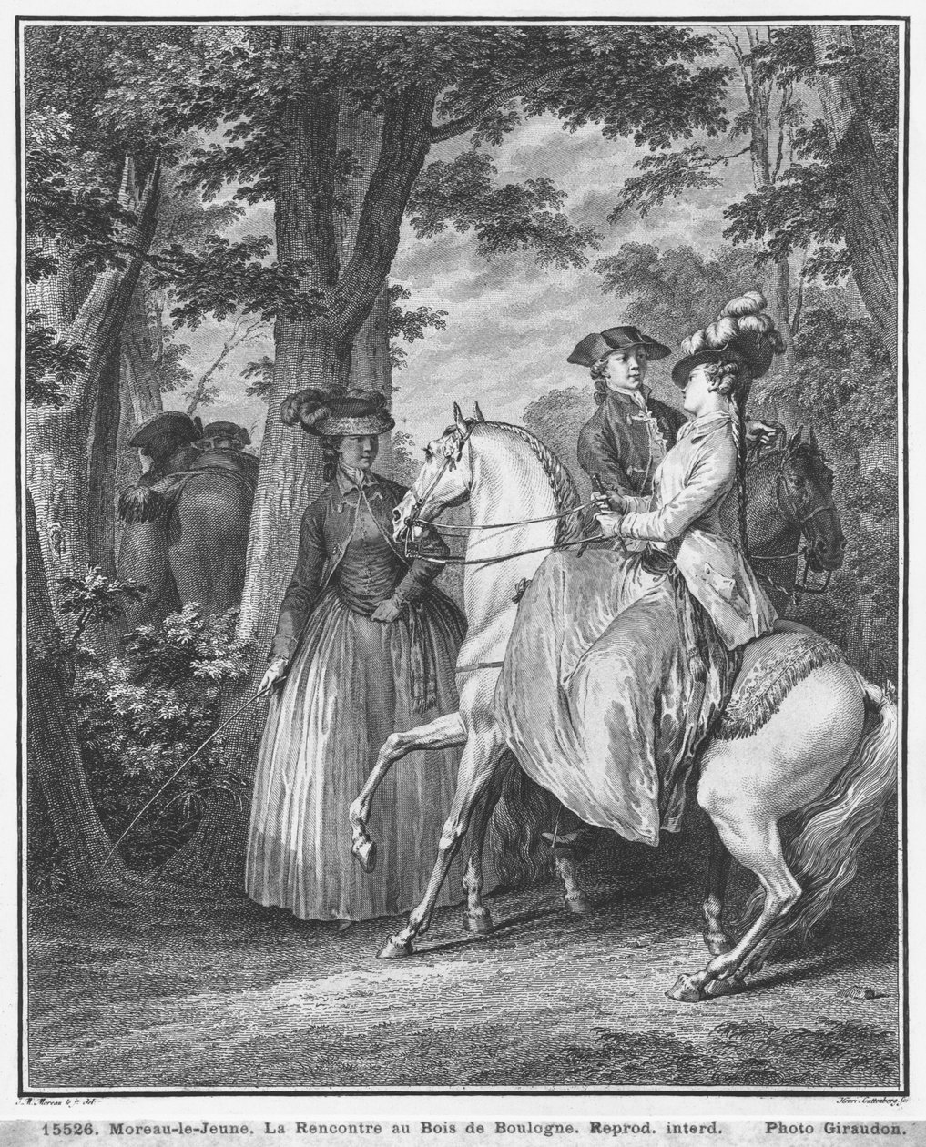 A reunião no Bois de Boulogne, gravada por Heinrich Guttenberg (1749-1818) c.1777 de Jean Michel the Younger Moreau