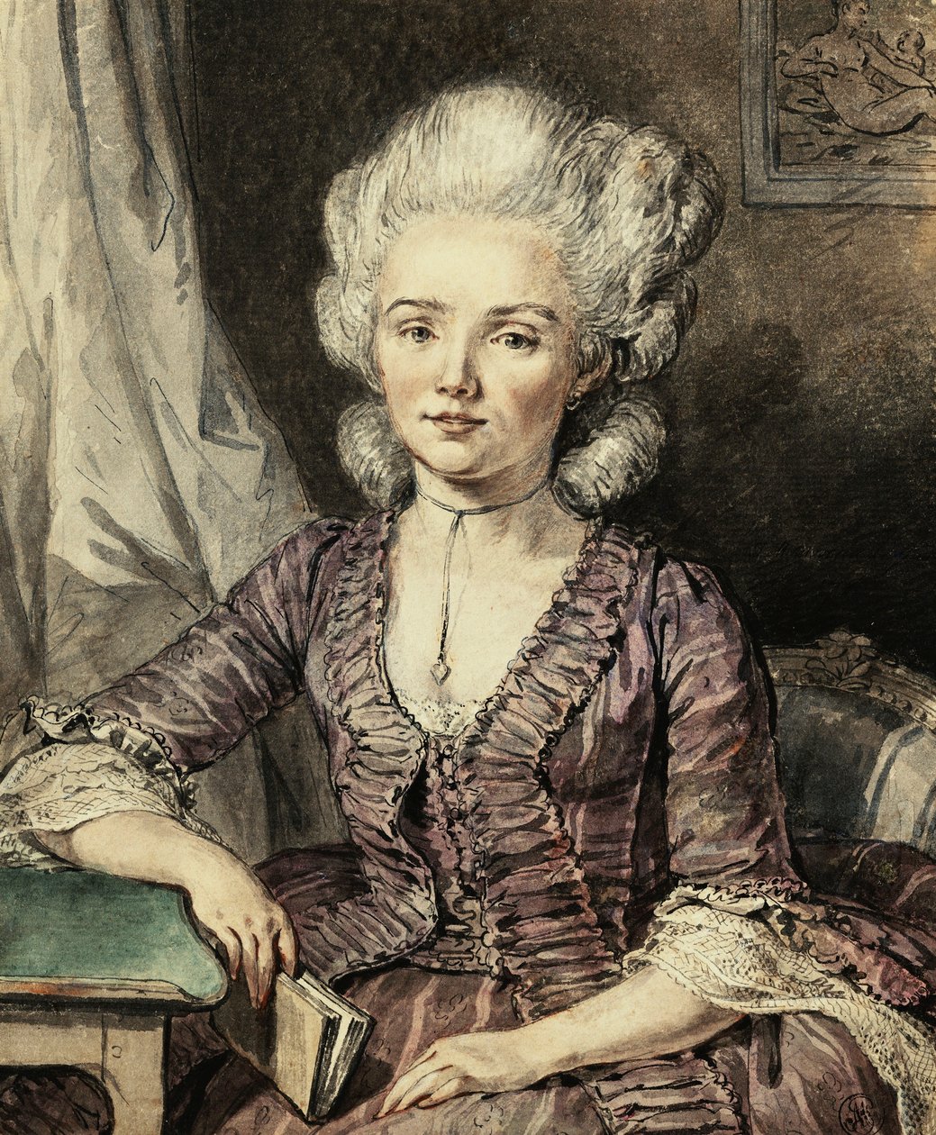 Uma jovem sentada à mesa com um livro, 1785 de Jean Michel the Younger Moreau