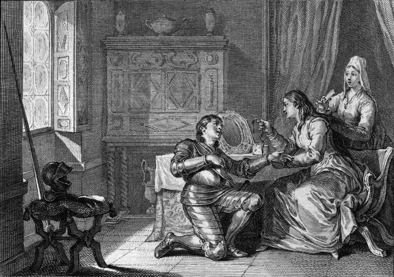Uma mulher oferece uma bracelete de tecido do seu cabelo a um cavaleiro como penhor de amor. Século 10-11. Gravura de Jean Michel Moreau, dit Moreau le Jeune (1741- 1814) de Jean Michel the Younger Moreau
