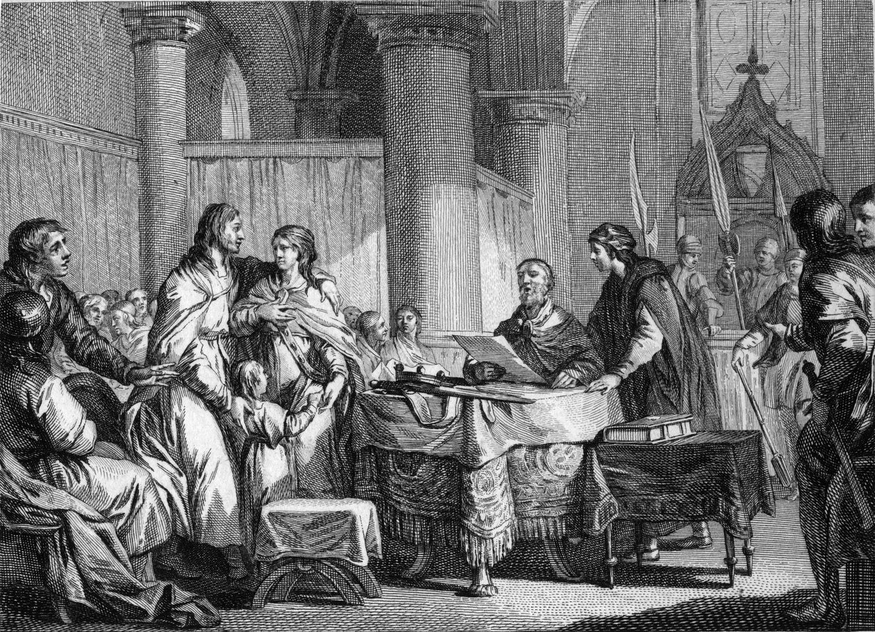 Abdicação de Carloman (ca. 715-754), prefeito do palácio da Austrália, em benefício de seu irmão, Pepin III dit Pepin le Brief (714-768), 747. Gravura de Jean Michel Moreau, dit Moreau le Jeune (1741- 1814) de Jean Michel the Younger Moreau