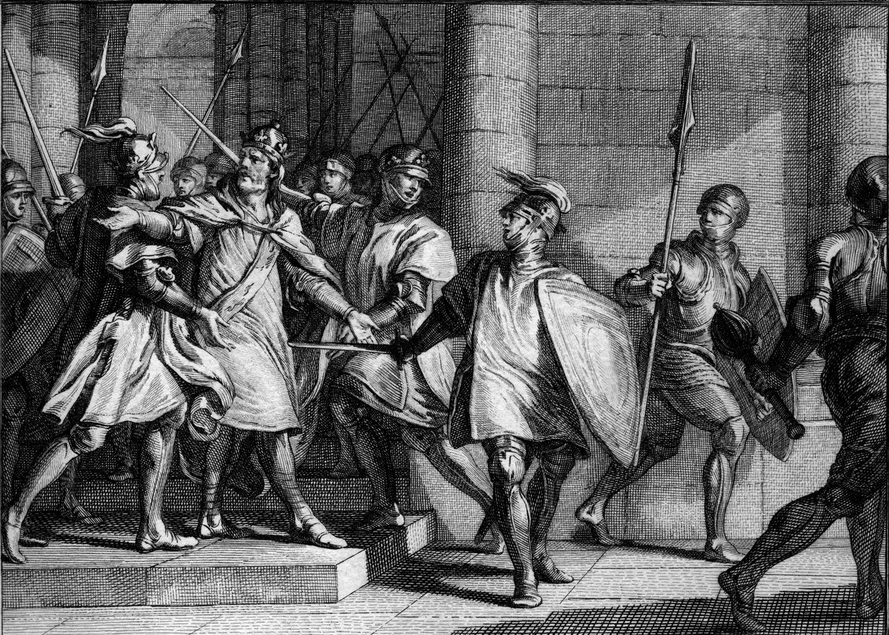 Prisão de Luís 1º o Pio ou o Debonário (778-840), 830: os seus três filhos (Lothaire, Pepin e Luís) revoltam-se contra a sua decisão de incluir o seu último filho, o futuro Carlos, o Careca, na sua sucessão. Gravura de Jean Michel Moreau, dit Moreau le de Jean Michel the Younger Moreau