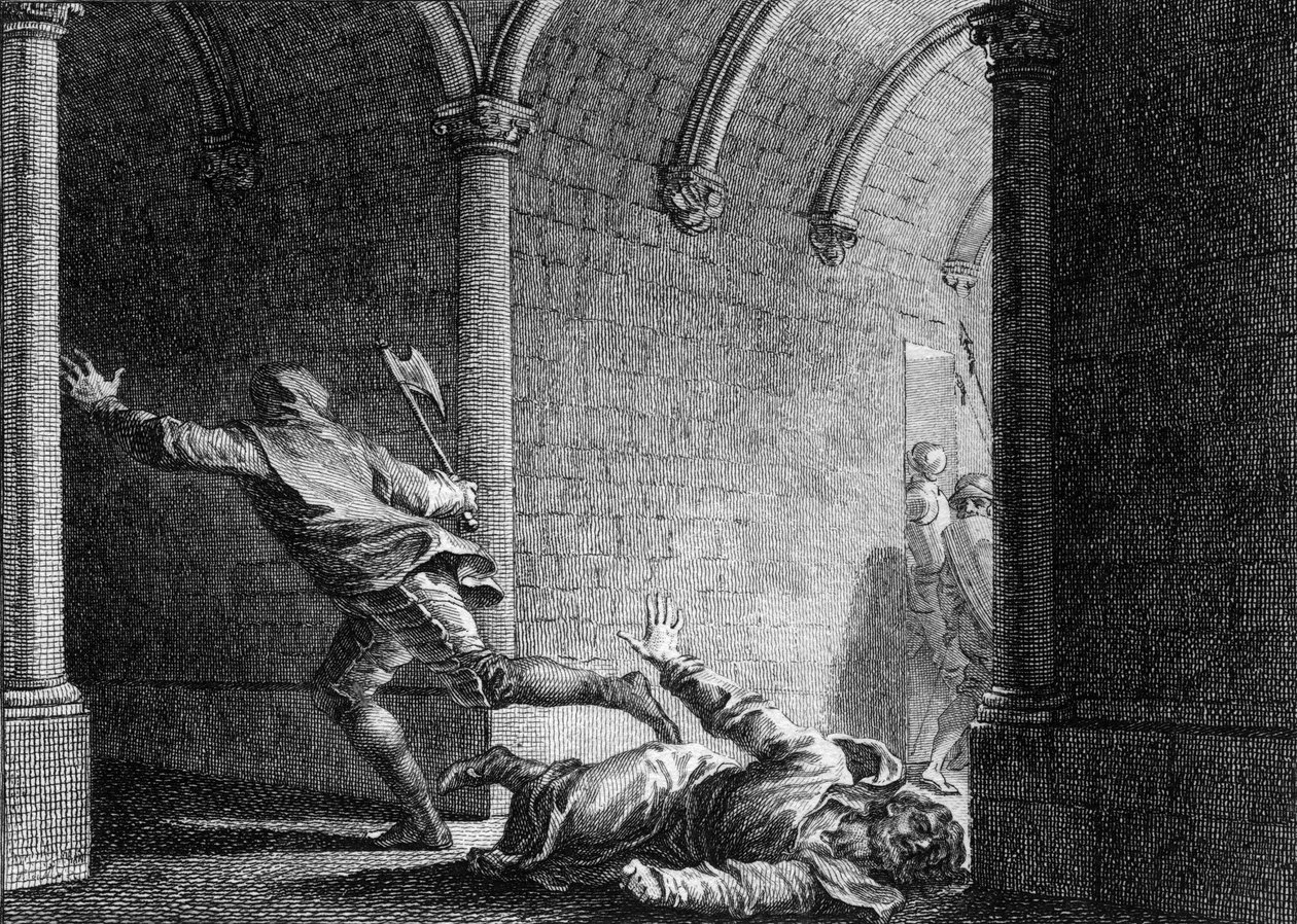 Assassinato de Ebroin, prefeito de Neustria Palace, 681: ele foi morto com um machado por Hermanfroi, senhor a quem ele havia roubado sua propriedade. Gravura de Jean Michel Moreau, dit Moreau le Jeune (1741- 1814) de Jean Michel the Younger Moreau