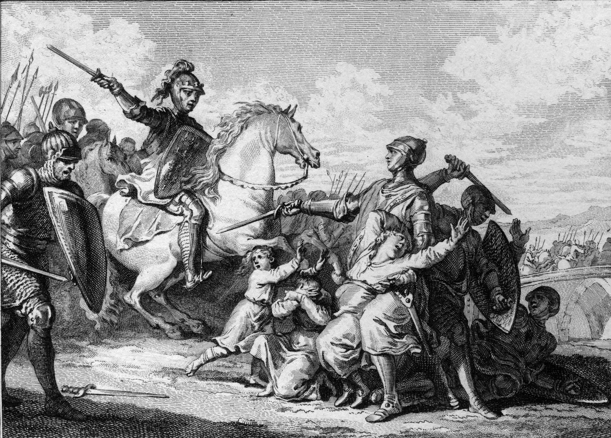 Assassinato dos filhos de Thierry II de Borgonha em 613, na presença de Clotaire (Clothaire) II (584-628), rei de Neustria. Entre eles, Sigebert II (601-613). Gravura de Jean Michel Moreau, dit Moreau le Jeune (1741- 1814) de Jean Michel the Younger Moreau