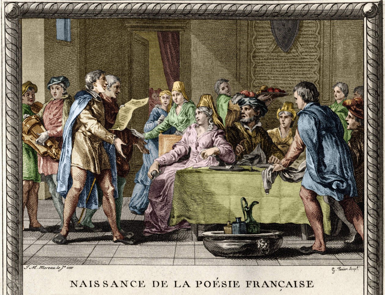 Nascimento da poesia francesa: Troubadours, seguidos por malabaristas e ménétiers, recitam os primeiros poemas em francês durante as festividades entre os nobres do século XII. Gravação de Moreau le Jeune de Jean Michel the Younger Moreau