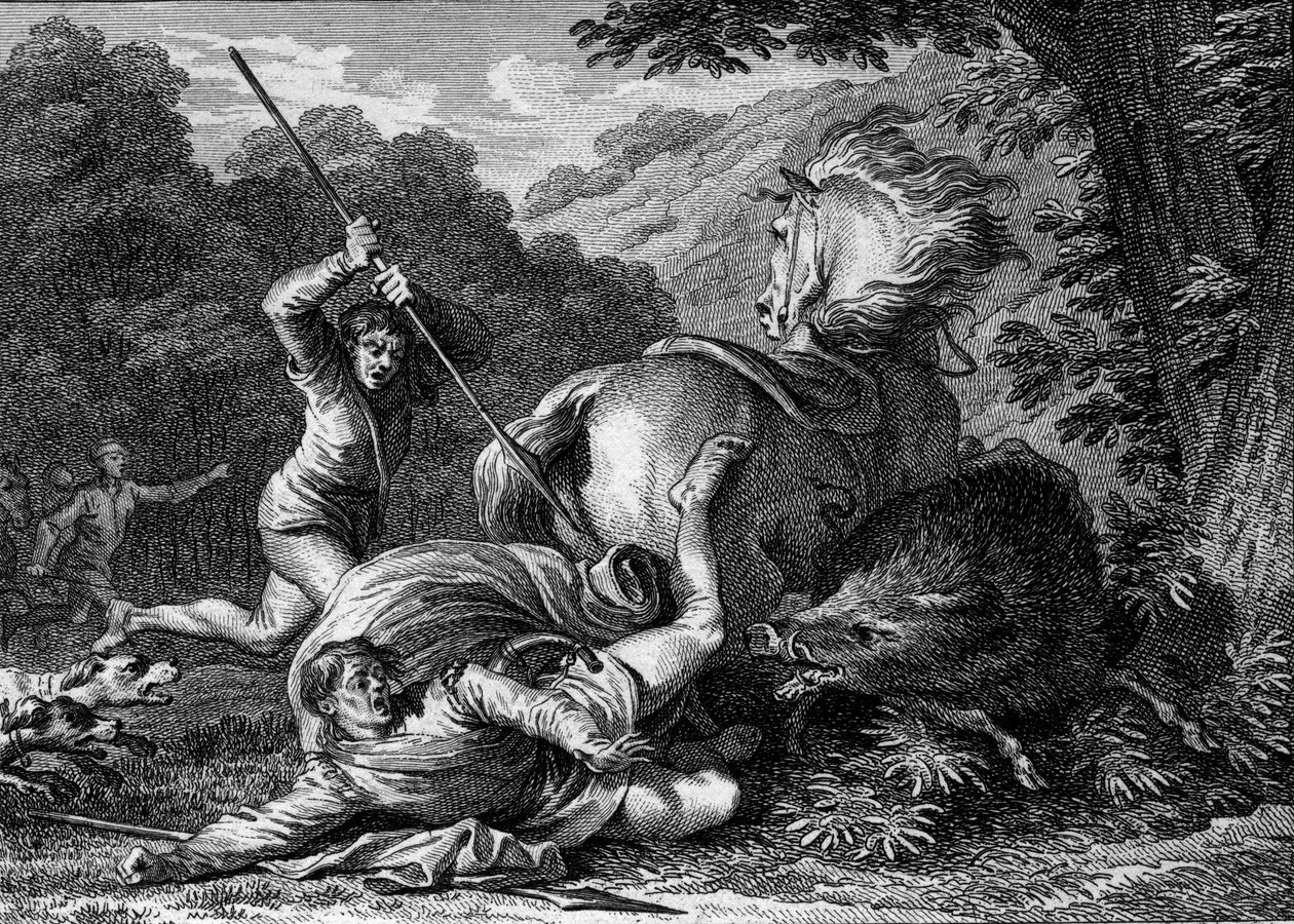 Carloman II morreu (867-884) numa caça de caça, 884. Querendo ajudar o rei a atacar por um javali, um criado enfia acidentalmente o seu espião na sua coxa. Gravura de Jean Michel Moreau, dit Moreau le Jeune (1741- 1814) de Jean Michel the Younger Moreau