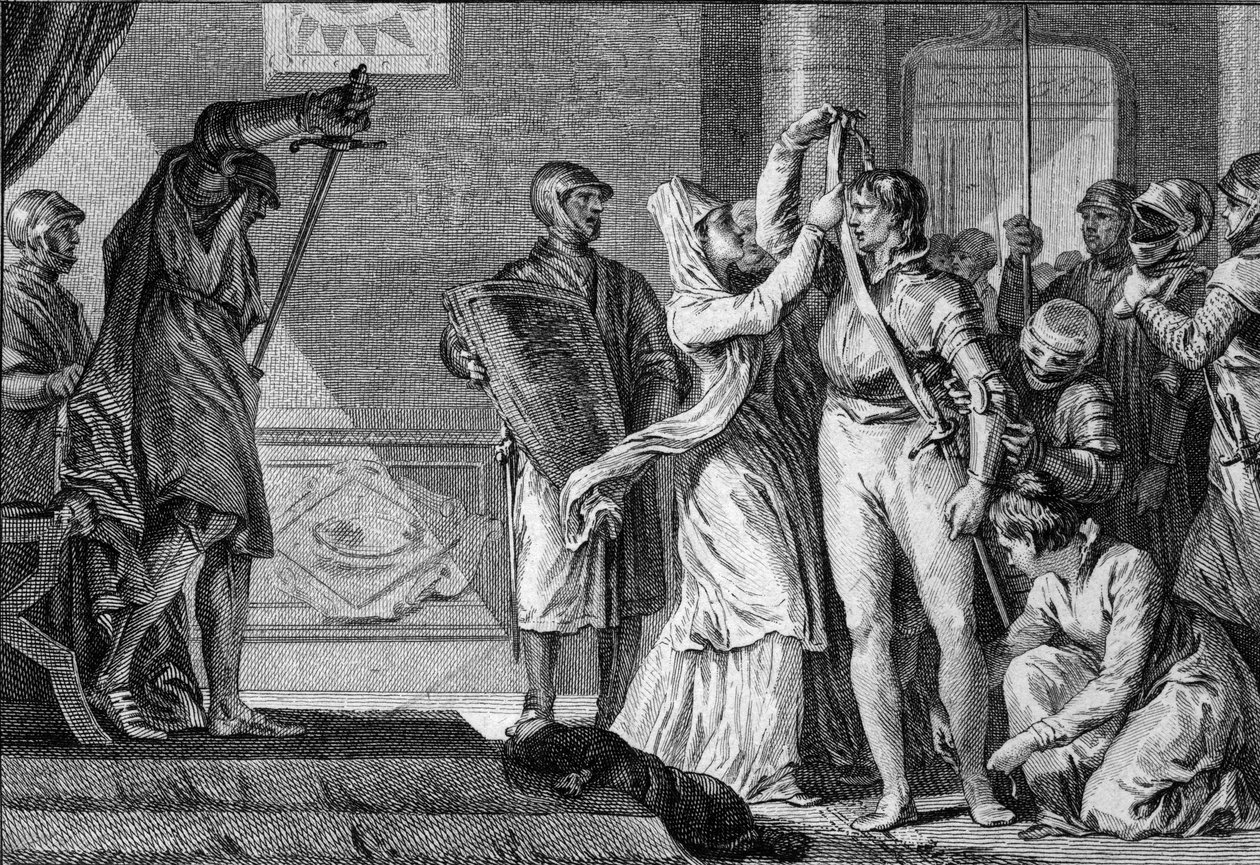 Cerimônia de amolecimento sob os Capetians: as mulheres colocam um cinto e esporas douradas num jovem feito cavaleiro, enquanto os escudeiros o cobrem com sua armadura. Século 10-11. Gravura de Jean Michel Moreau, dit Moreau le Jeune (1741- 1814) de Jean Michel the Younger Moreau