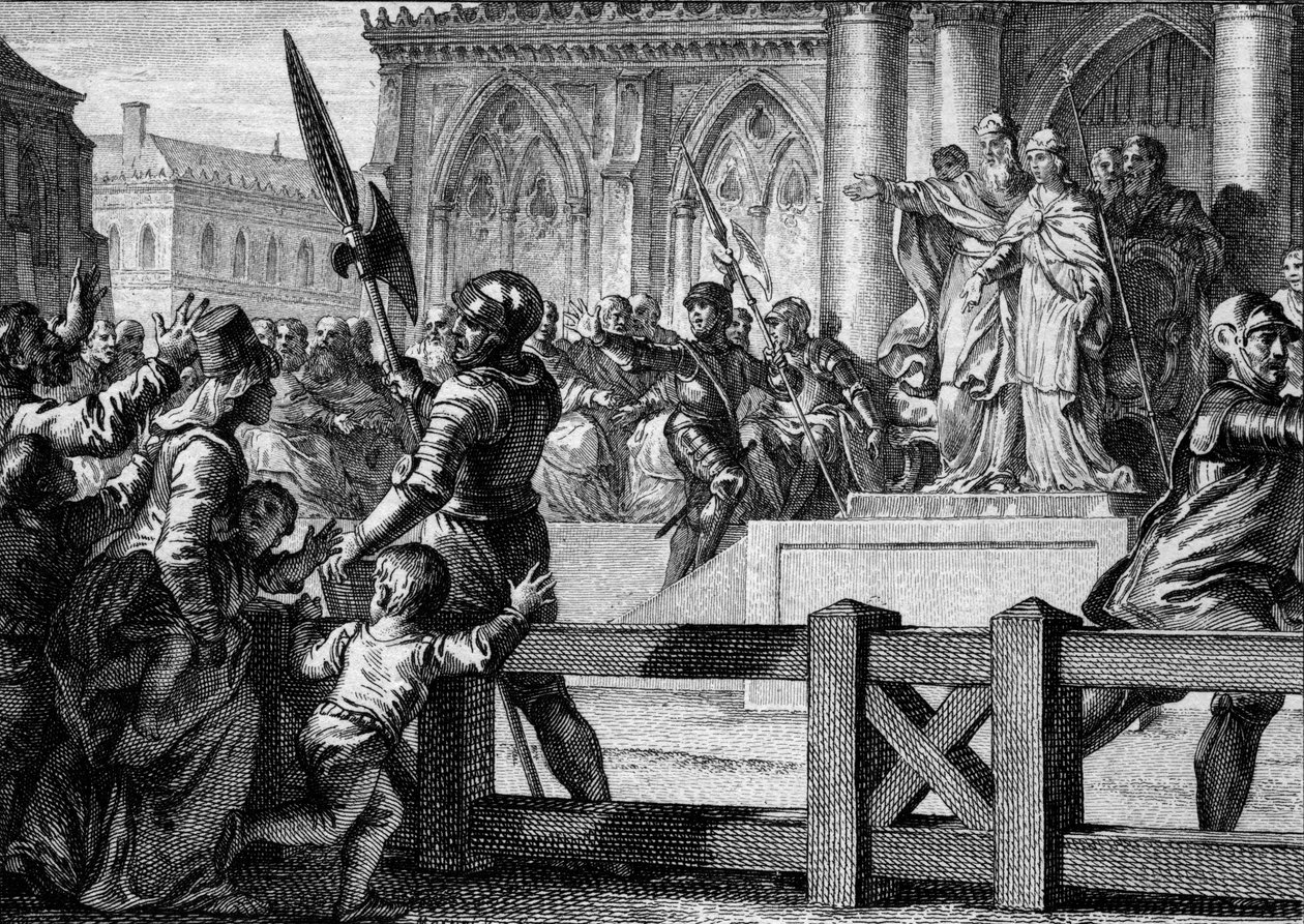 Carlos Magno (747-814) apresenta ao povo seu sucessor, seu filho Luís da Aquitânia (Luís I o Piedoso ou o Debonário, 778-840). Aix la Chapelle, 813. Gravura de Jean Michel Moreau, dit Moreau le Jeune (1741- 1814) de Jean Michel the Younger Moreau