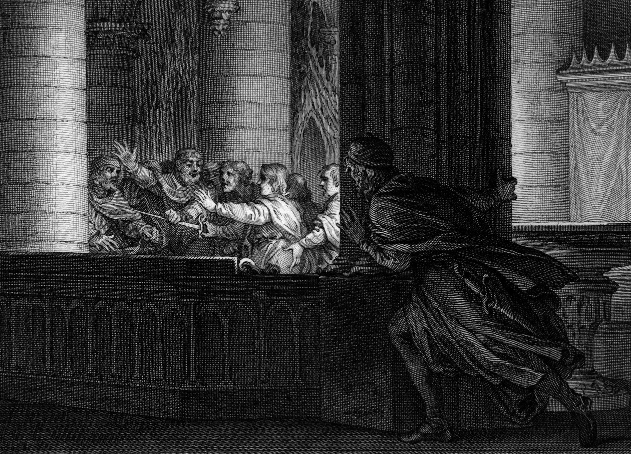 Conspiração contra Carlos Magno, 792: um lorde surpreende a conversa entre conspiradores que planejam o assassinato do Rei dos Francos. Entre eles, Pepin o Bossu (769-811), filho de Carlos Magno. Gravura de Jean Michel Moreau, dit Moreau le Jeune (1741 de Jean Michel the Younger Moreau