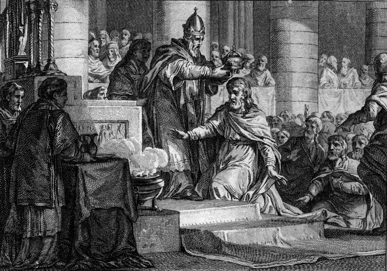 Coroação de Carlos Magno, 25 de dezembro de 800: O Rei dos Francos (747-814) é consagrado imperador do Ocidente pelo Papa Leão III (750-816) na Igreja de São Pedro em Roma. Gravura de Jean Michel Moreau, dit Moreau le Jeune (1741- 1814) de Jean Michel the Younger Moreau
