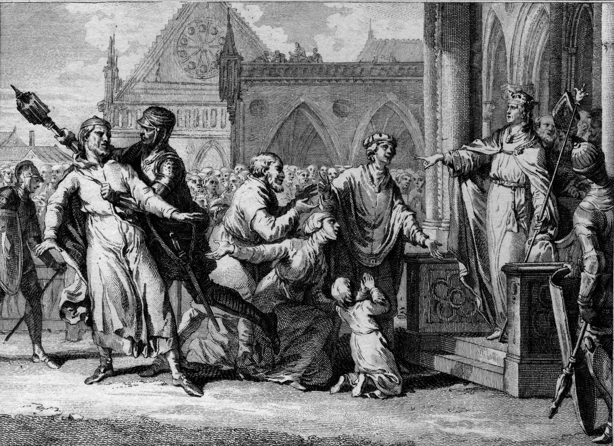 Dagobert 1st (602-605-638), Rei dos Francos, tenta afirmar a autoridade real na Borgonha, ouvindo as queixas dos habitantes contra os seus senhores. Gravura de Jean Michel Moreau, dit Moreau le Jeune (1741- 1814) de Jean Michel the Younger Moreau