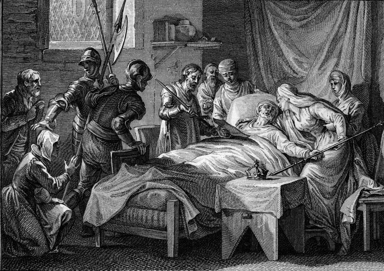 Morte e sucessão de Carlos II o Careca (823-877), 877: o rei entregou à imperatriz a coroa imperial, o seu cetro dourado, a espada de São Pedro e um testamento pelo qual designa o seu filho Luís o Mendigo por herança. Gravura de J de Jean Michel the Younger Moreau